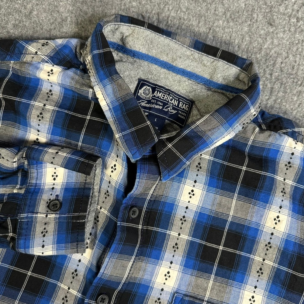 American Rag Mens Blue Black Plaid Embroidered Long Sleeve Button Down Shirt L